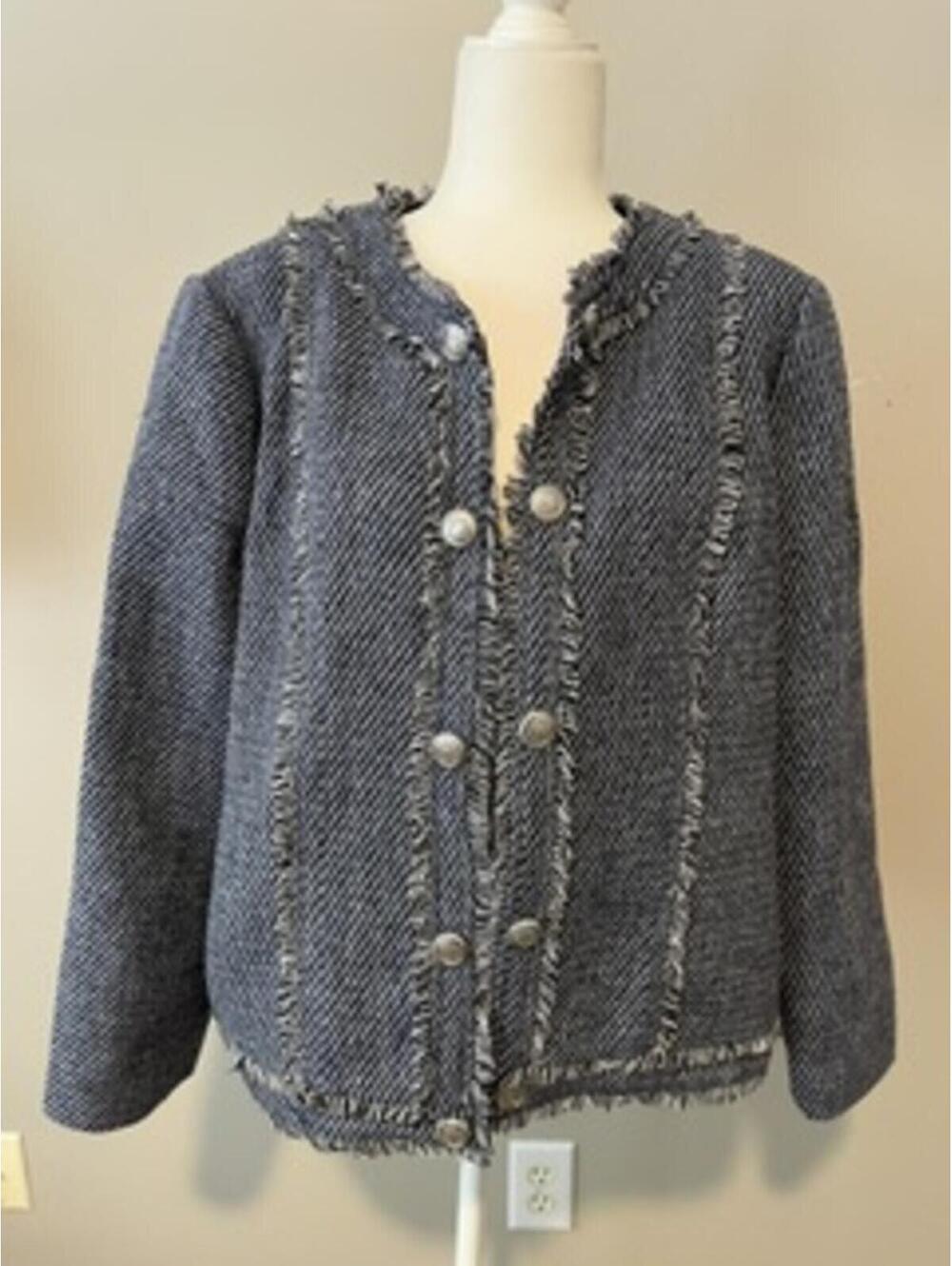 Chico's Tweed Button-Up Jacket with Fringe Detail SIZE 16